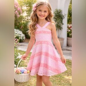 Girls Pink Lace Easter Dress Fit & Flare Party Spring Floral Size S (6/7)